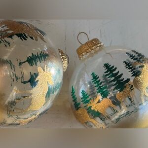 VINTAGE GLASS CHRISTMAS ORNAMENT WOODLAND PINE TREES GOLD GLITTER MOOSE